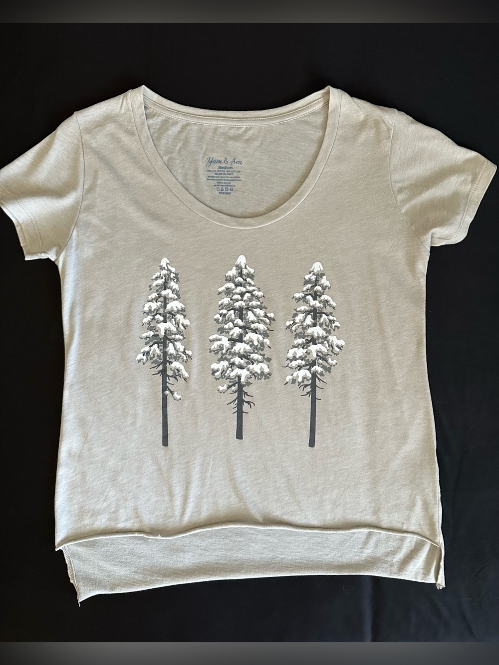 Women’s Yarn & Sea brand Christmas Cream Graphic Tee with Snowy Trees